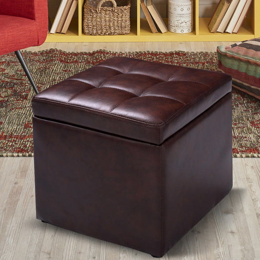 Compact Storage Pouffe Ottoman with Hinged Cover – Brown