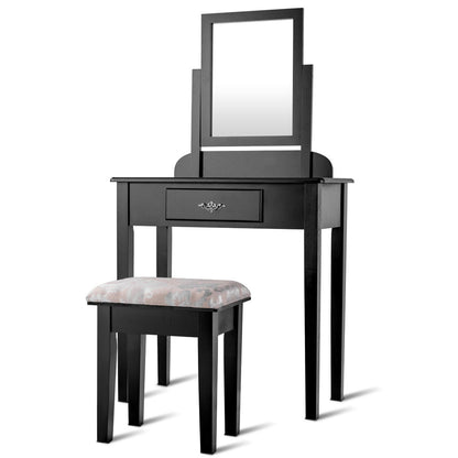 Black Vanity Table Set with Large Rotating Mirror and Cushioned Stool