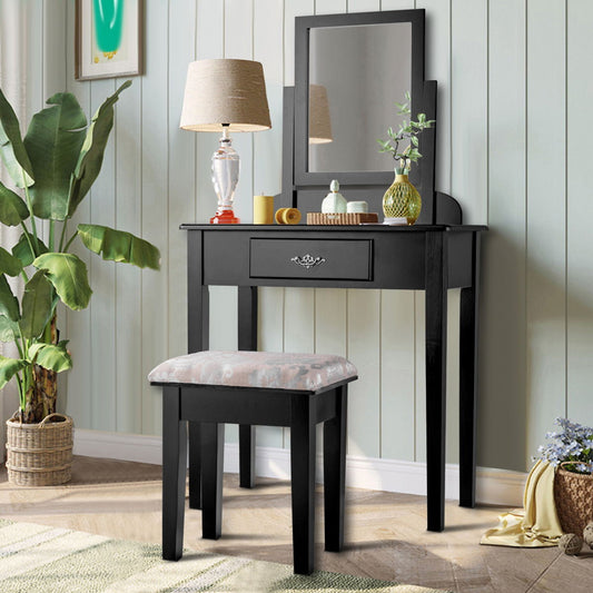 Black Vanity Table Set with Large Rotating Mirror and Cushioned Stool