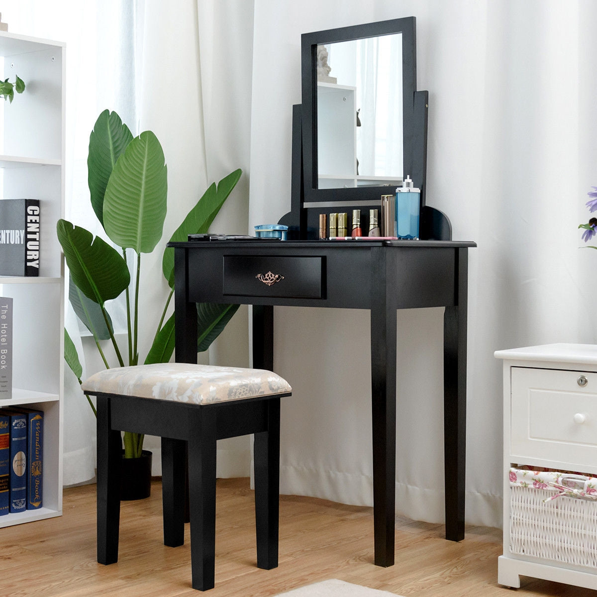 Black Vanity Table Set with Large Rotating Mirror and Cushioned Stool