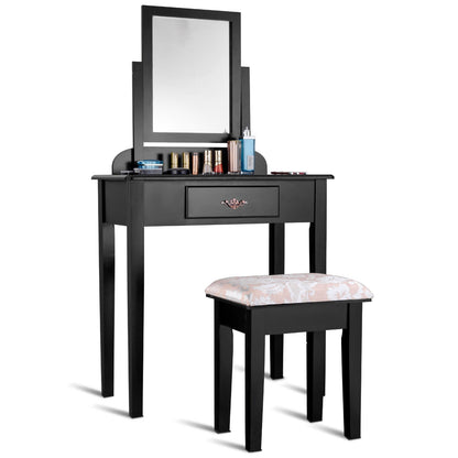 Black Vanity Table Set with Large Rotating Mirror and Cushioned Stool