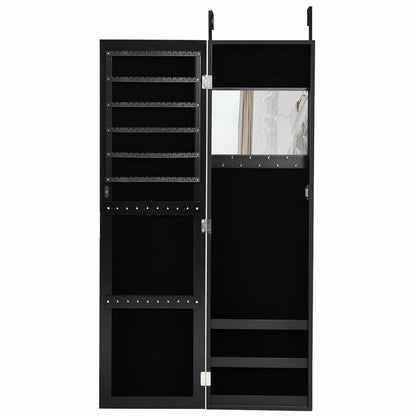Wall and Door Mounted Jewelry Cabinet with Mirror and Storage Shelves – Black