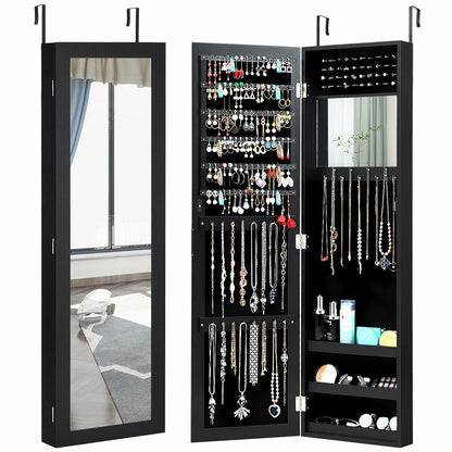 Wall and Door Mounted Jewelry Cabinet with Mirror and Storage Shelves – Black