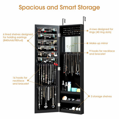 Wall and Door Mounted Jewelry Cabinet with Mirror and Storage Shelves – Black