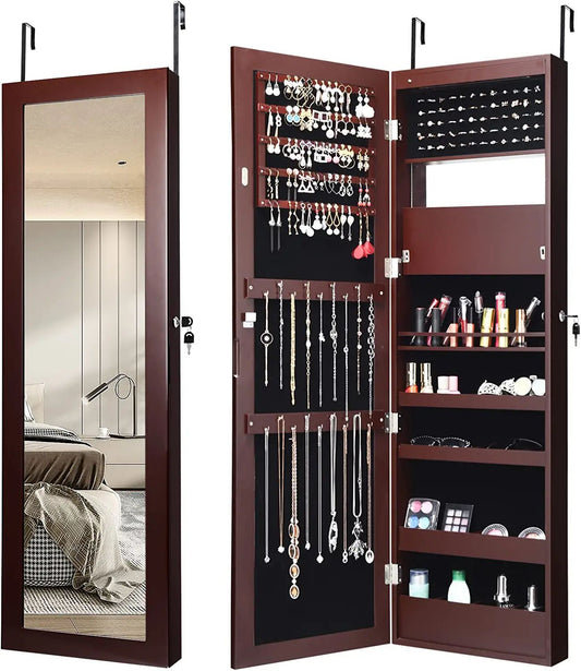 Lockable Wall and Door Mounted Jewelry Cabinet with Mirror and LED Lights – Brown