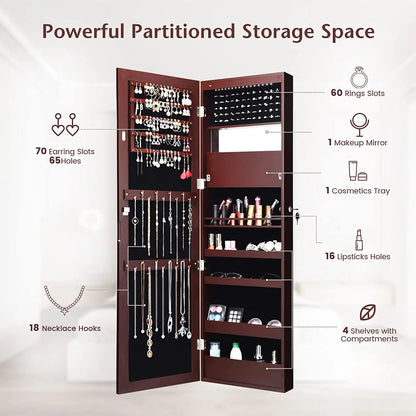 Lockable Wall and Door Mounted Jewelry Cabinet with Mirror and LED Lights – Brown