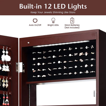 Lockable Wall and Door Mounted Jewelry Cabinet with Mirror and LED Lights – Brown