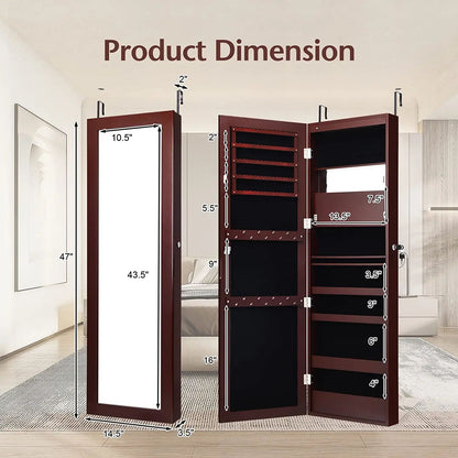 Lockable Wall and Door Mounted Jewelry Cabinet with Mirror and LED Lights – Brown