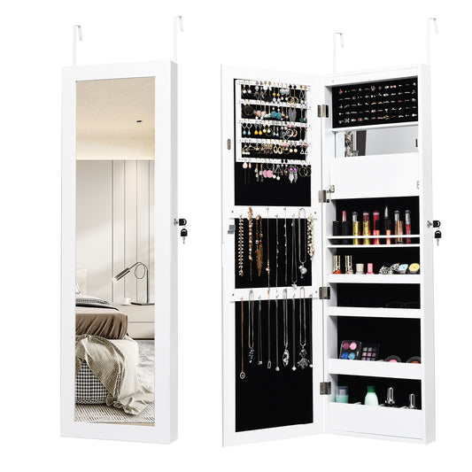Lockable Wall and Door Mounted Jewelry Cabinet with Mirror and LED Lights – White