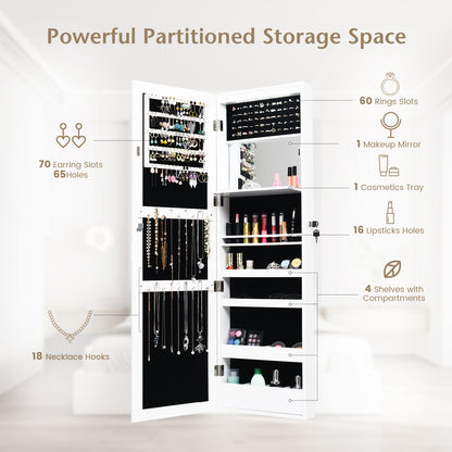 Lockable Wall and Door Mounted Jewelry Cabinet with Mirror and LED Lights – White