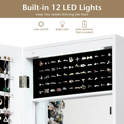 Lockable Wall and Door Mounted Jewelry Cabinet with Mirror and LED Lights – White