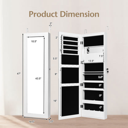 Lockable Wall and Door Mounted Jewelry Cabinet with Mirror and LED Lights – White