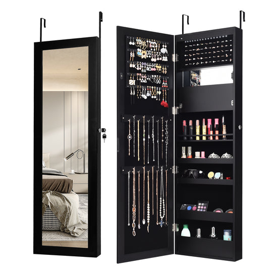 Lockable Wall and Door Mounted Jewelry Cabinet with Mirror and LED Lights – Black