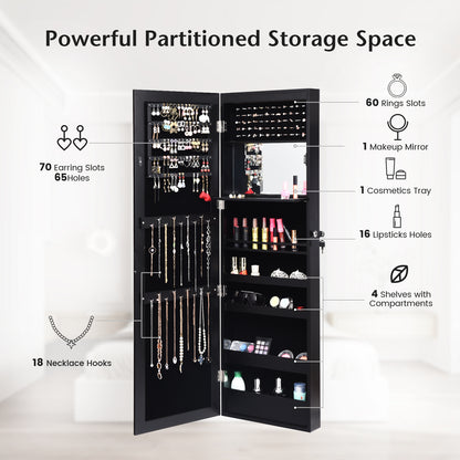 Lockable Wall and Door Mounted Jewelry Cabinet with Mirror and LED Lights – Black