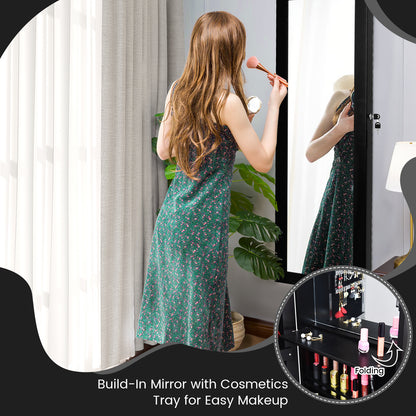Lockable Wall and Door Mounted Jewelry Cabinet with Mirror and LED Lights – Black
