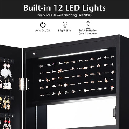 Lockable Wall and Door Mounted Jewelry Cabinet with Mirror and LED Lights – Black
