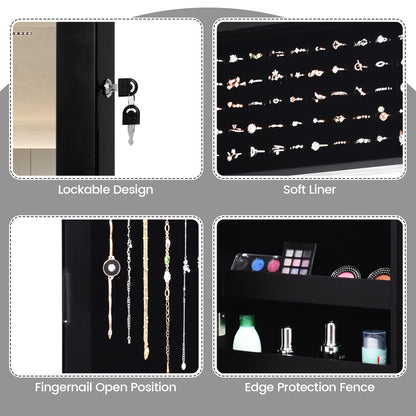 Lockable Wall and Door Mounted Jewelry Cabinet with Mirror and LED Lights – Black