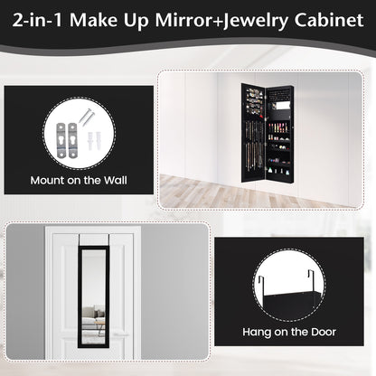 Lockable Wall and Door Mounted Jewelry Cabinet with Mirror and LED Lights – Black
