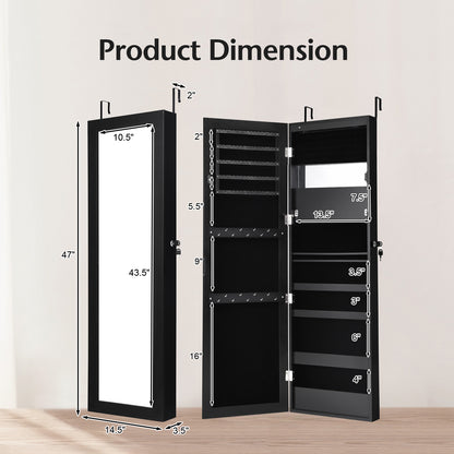 Lockable Wall and Door Mounted Jewelry Cabinet with Mirror and LED Lights – Black