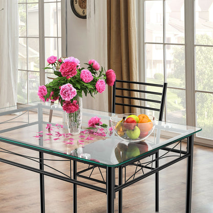 Modern 5 Piece Glass Dining Table Set with Cushioned Chairs and Metal Frame