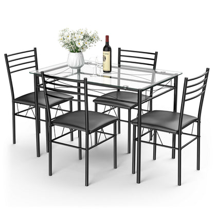 Modern 5 Piece Glass Dining Table Set with Cushioned Chairs and Metal Frame