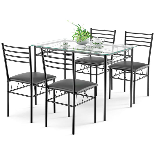 Modern 5 Piece Glass Dining Table Set with Cushioned Chairs and Metal Frame
