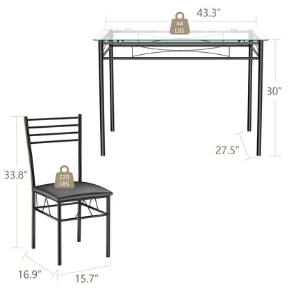 Modern 5 Piece Glass Dining Table Set with Cushioned Chairs and Metal Frame