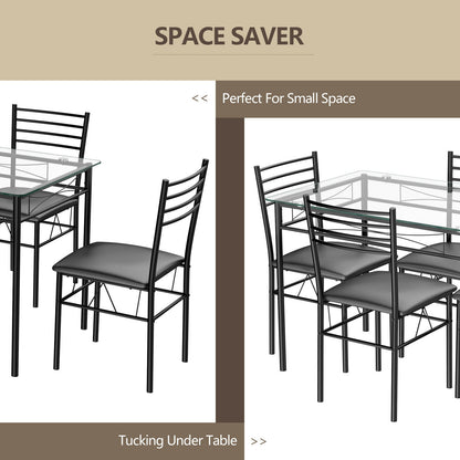 Modern 5 Piece Glass Dining Table Set with Cushioned Chairs and Metal Frame