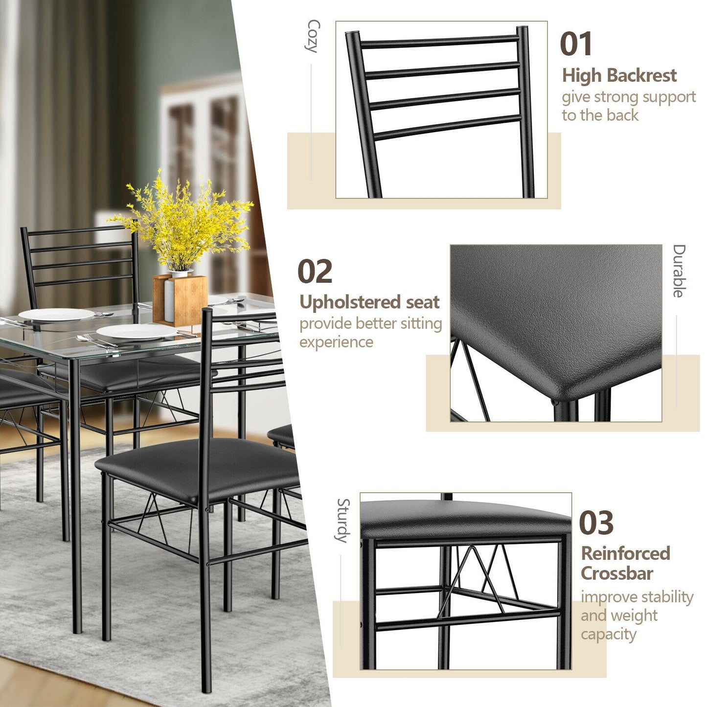 Modern 5 Piece Glass Dining Table Set with Cushioned Chairs and Metal Frame