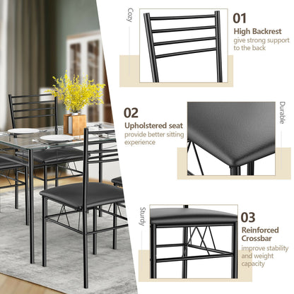 Modern 5 Piece Glass Dining Table Set with Cushioned Chairs and Metal Frame