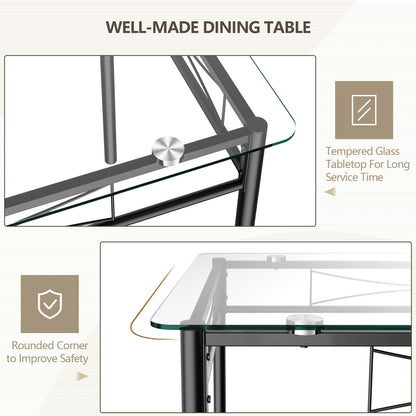 Modern 5 Piece Glass Dining Table Set with Cushioned Chairs and Metal Frame