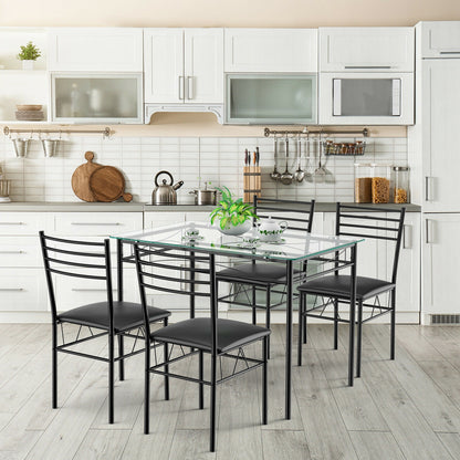 Modern 5 Piece Glass Dining Table Set with Cushioned Chairs and Metal Frame