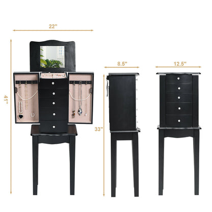 Elegant Wood Mirrored Jewelry Storage Cabinet with Drawers and Swing-Out Doors