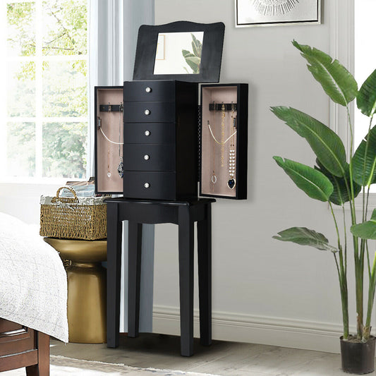 Elegant Wood Mirrored Jewelry Storage Cabinet with Drawers and Swing-Out Doors