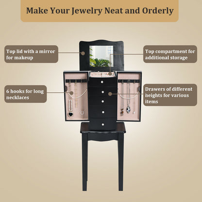 Elegant Wood Mirrored Jewelry Storage Cabinet with Drawers and Swing-Out Doors