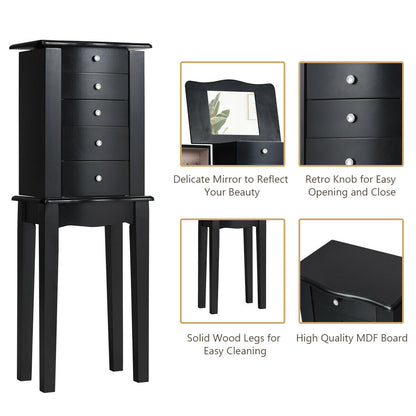 Elegant Wood Mirrored Jewelry Storage Cabinet with Drawers and Swing-Out Doors