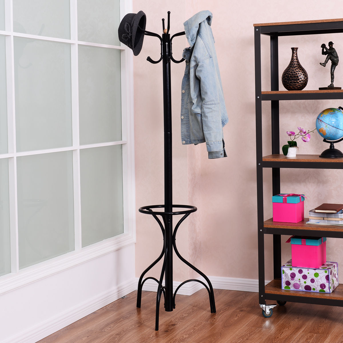 Freestanding Vintage Metal Coat Rack with Hat Hooks and Umbrella Holder