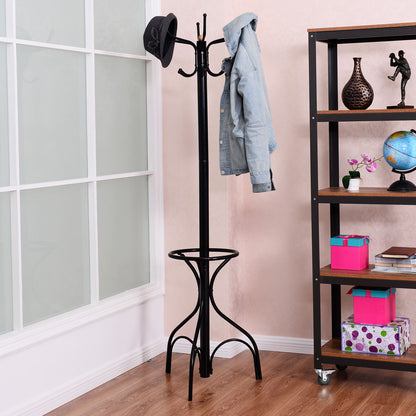 Freestanding Vintage Metal Coat Rack with Hat Hooks and Umbrella Holder