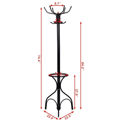 Freestanding Vintage Metal Coat Rack with Hat Hooks and Umbrella Holder