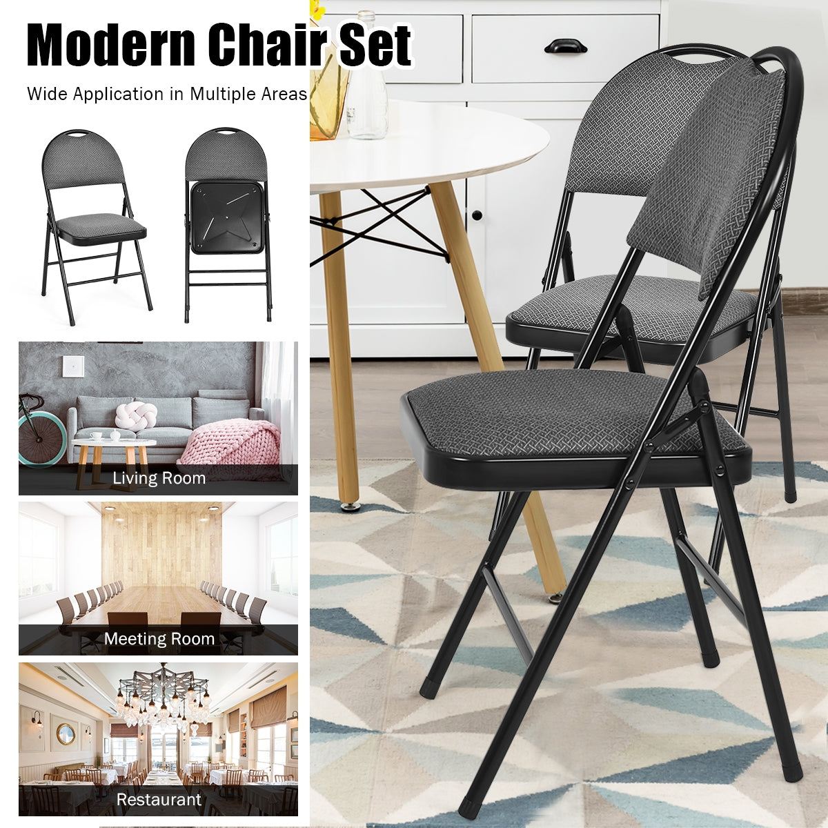 Set of 6 Portable Folding Chairs with Padded Seats for Office Kitchen Dining - Black