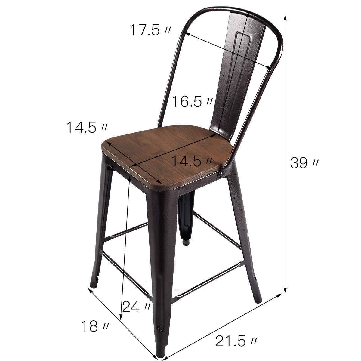 Set of 4 Industrial Metal Counter Height Dining Chairs with Removable Backrest, Brown