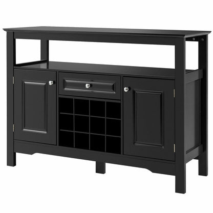 Freestanding Wine Buffet Cabinet with 12 Bottle Rack Storage Drawer and Side Cupboards - Black
