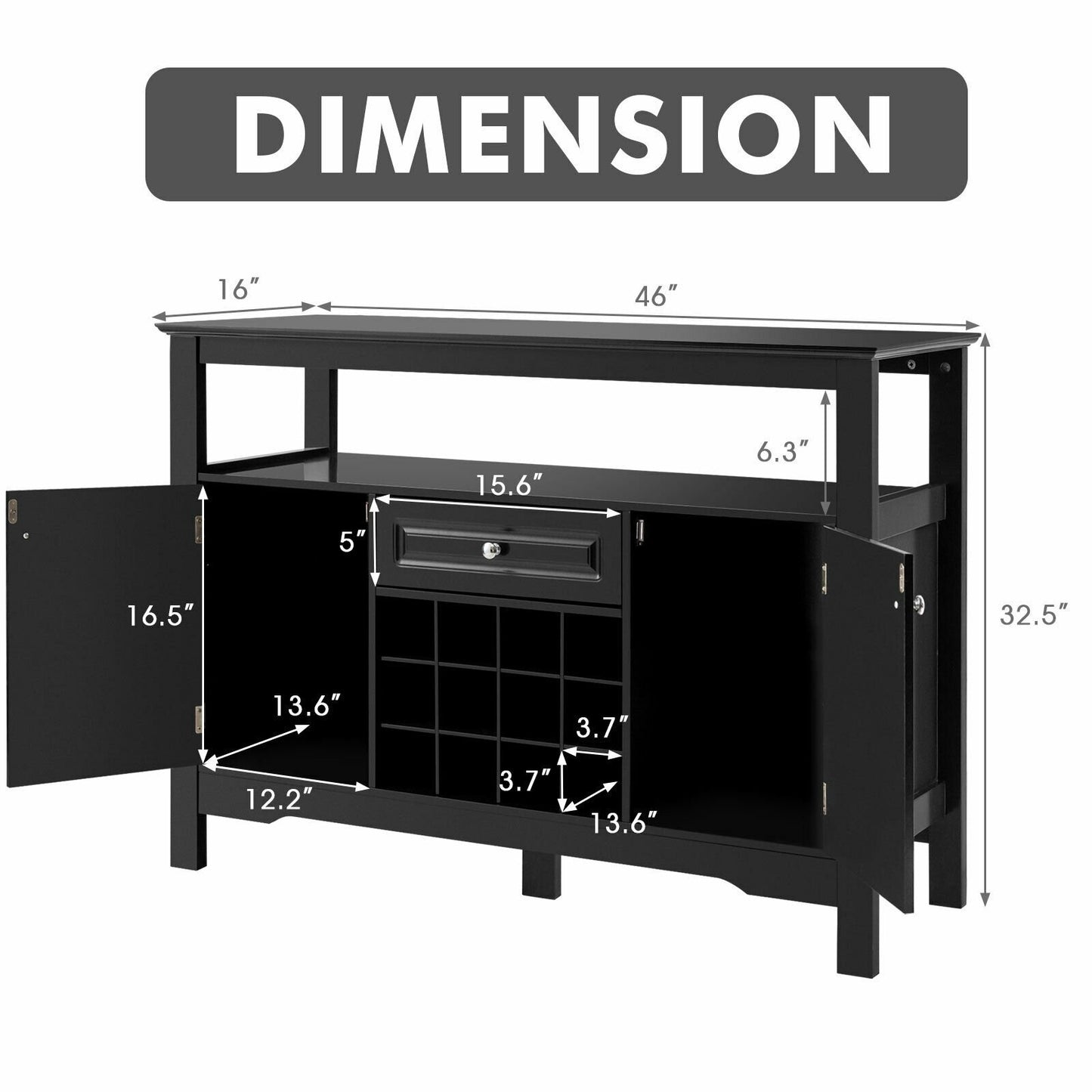 Freestanding Wine Buffet Cabinet with 12 Bottle Rack Storage Drawer and Side Cupboards - Black