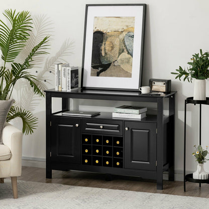 Freestanding Wine Buffet Cabinet with 12 Bottle Rack Storage Drawer and Side Cupboards - Black