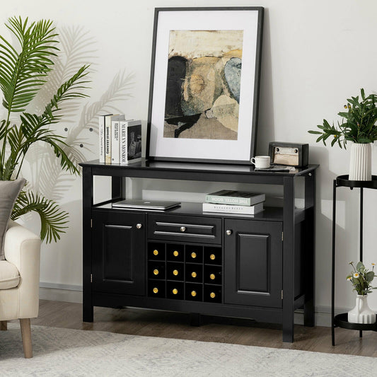 Freestanding Wine Buffet Cabinet with 12 Bottle Rack Storage Drawer and Side Cupboards - Black