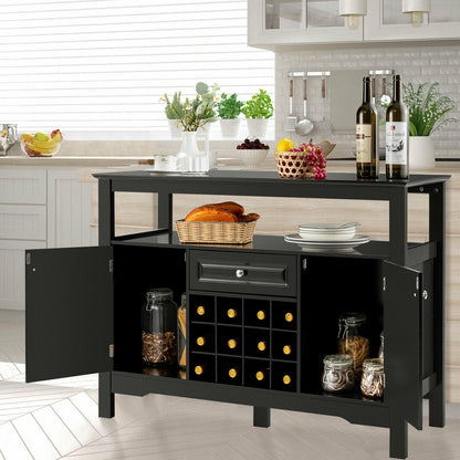 Freestanding Wine Buffet Cabinet with 12 Bottle Rack Storage Drawer and Side Cupboards - Black
