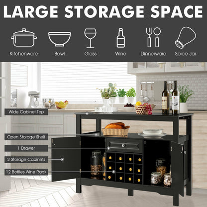 Freestanding Wine Buffet Cabinet with 12 Bottle Rack Storage Drawer and Side Cupboards - Black