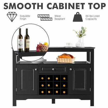 Freestanding Wine Buffet Cabinet with 12 Bottle Rack Storage Drawer and Side Cupboards - Black