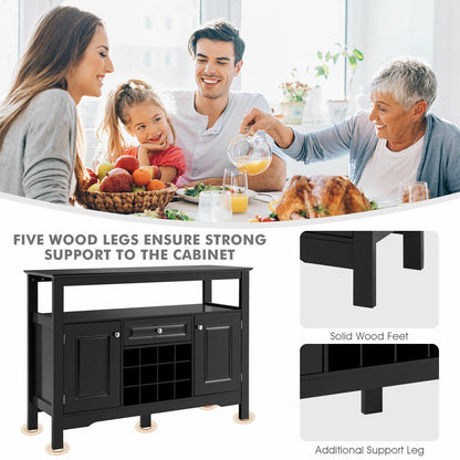 Freestanding Wine Buffet Cabinet with 12 Bottle Rack Storage Drawer and Side Cupboards - Black
