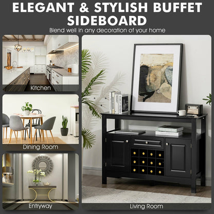 Freestanding Wine Buffet Cabinet with 12 Bottle Rack Storage Drawer and Side Cupboards - Black